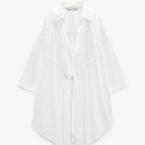 Zara White Longline Knotted Tie-Front Blouse